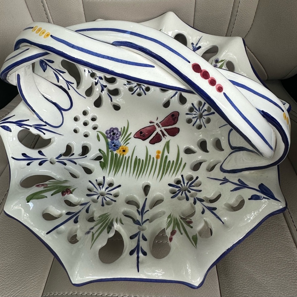 Vintage RCCL Portugal Ceramic Hand Painted Floral Basket with Braided Handles